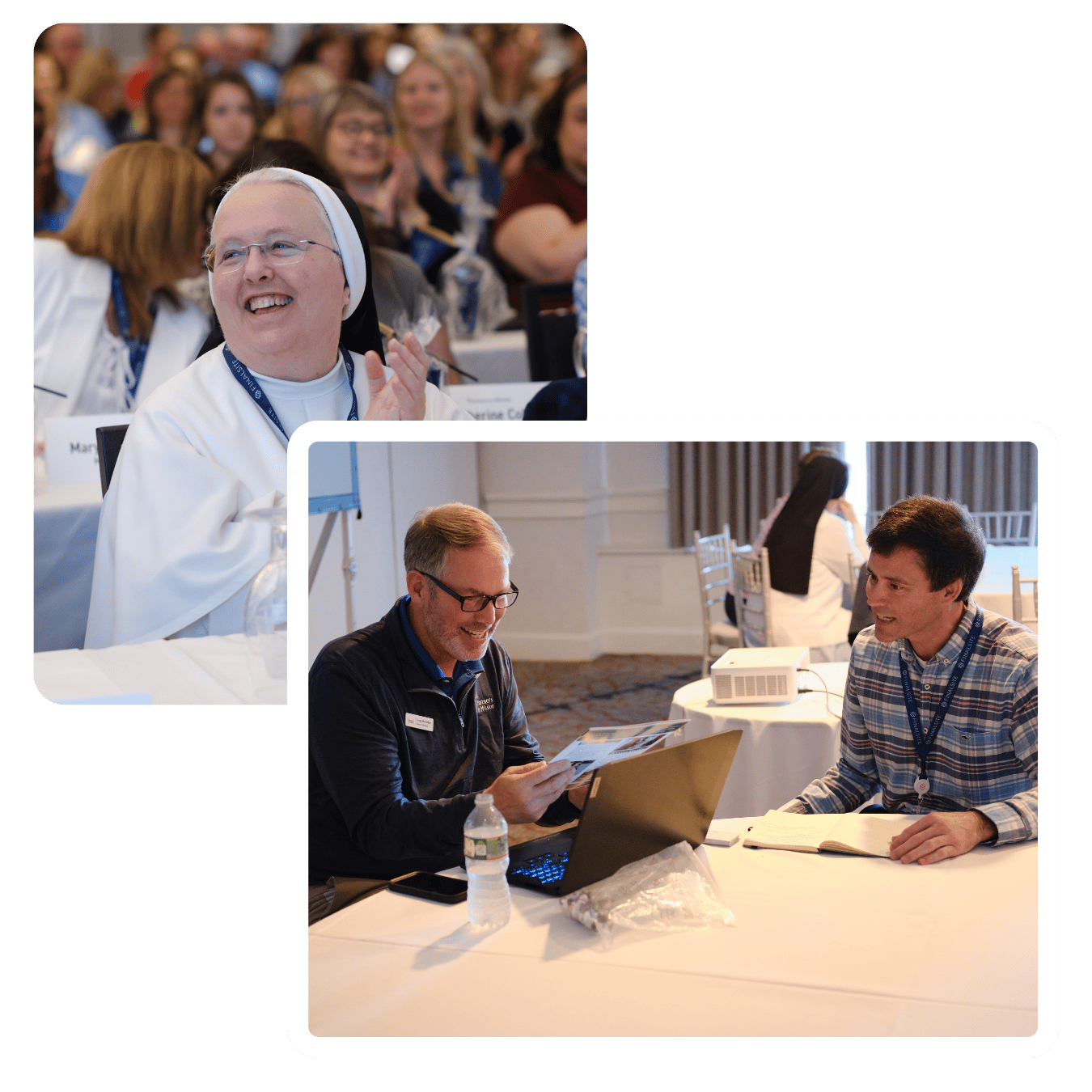 Photos from Past Conferences of Nun clapping and a PIM partner working with an attendee